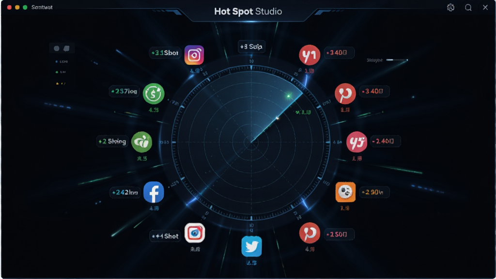 画面主体为Hot Spot Studio软件的全网热点雷达界面,中央是一个圆形雷达扫描图,周围分布着各个社交平台的彩色图标。布局采用深色科技背景,雷达图位于画面正中并向外辐射光线。排版风格为信息可视化大屏风格,细节上每个平台图标旁有小型数字标注意味着热度值,画质高清,科技感强,背景干净无多余元素。