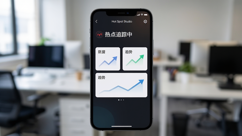 画面主体为Hot Spot Studio软件在手机上的使用界面,手机屏幕中展示着简洁的数据卡片和趋势箭头。布局上,手机位于画面中央,背景为模糊的办公室环境。风格为写实摄影风格,细节包括手机屏幕上显示的“热点追踪中”字样和电量图标,画质清晰,对焦准确,背景虚化干净。