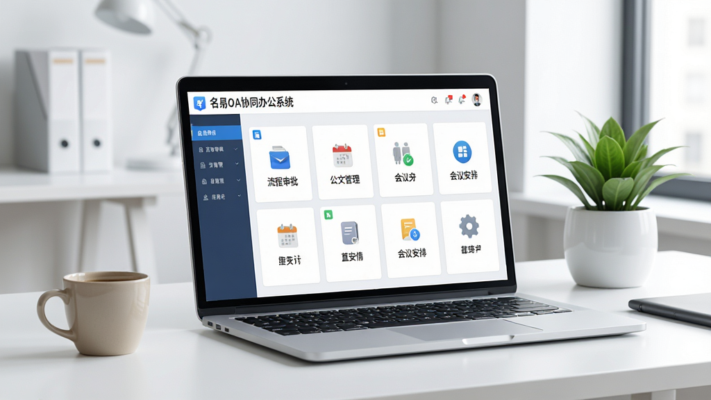 高清数字办公场景中,一台笔记本电脑屏幕显示“名易OA协同办公系统”主界面,界面包含流程审批、公文管理、会议安排等模块图标,桌面整洁,旁边有咖啡杯和绿植,整体风格现代简洁,光线明亮,细节丰富,画质干净,无多余元素