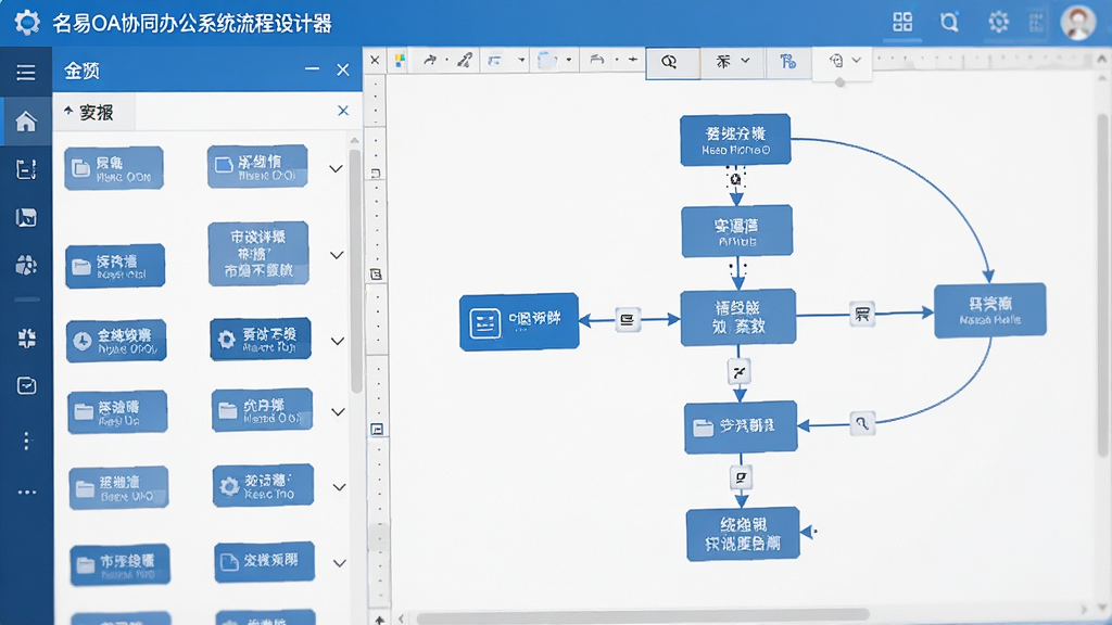 名易OA协同办公系统流程设计器界面特写,左侧为节点组件库,右侧为画布上拖拽的审批流程图,箭头连接各节点,线条清晰,界面配色以蓝白为主,风格扁平化,细节丰富,画质干净,无多余元素