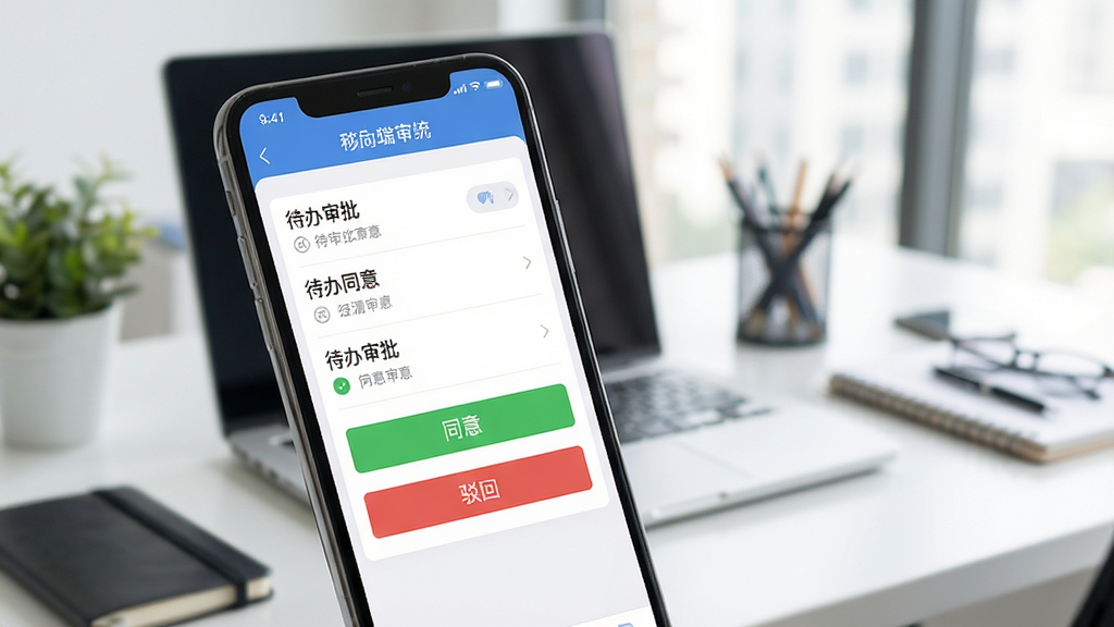 名易OA协同办公系统移动端APP界面,智能手机屏幕显示待办审批列表,界面简洁,有“同意”“驳回”按钮,背景为办公桌场景,风格清新,细节丰富,画质干净,无多余元素