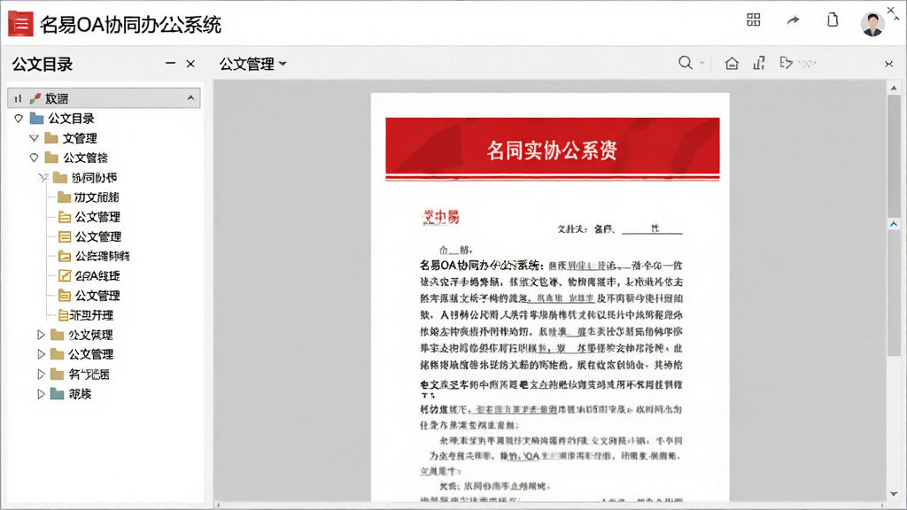 名易OA协同办公系统公文管理界面,屏幕展示一份红头文件电子文档,左侧为公文目录树,右侧为文件预览区,界面清晰,风格商务,细节丰富,画质干净,无多余元素