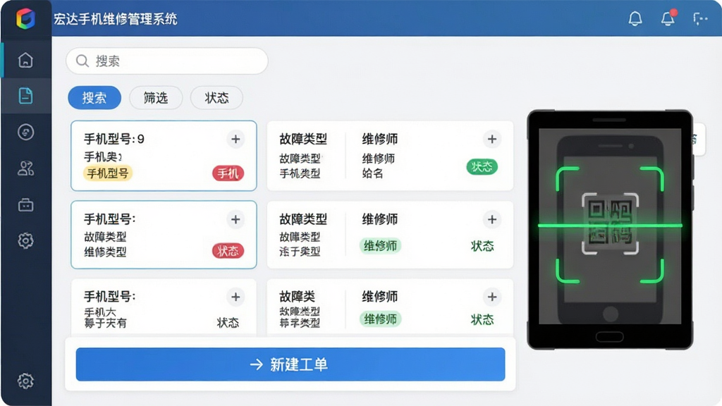 主体:宏达手机维修管理系统工单操作界面,屏幕显示工单列表和扫码窗口。布局:上方为搜索栏和筛选标签,中间为工单卡片列表,底部为“新建工单”按钮。排版:卡片式布局,信息层级分明,色彩明快。风格:简洁商务风,界面友好。细节:工单卡片包含手机型号、故障类型、维修师姓名和状态标签,扫码窗口有绿色扫描线。画质:高清,干净,无多余元素。