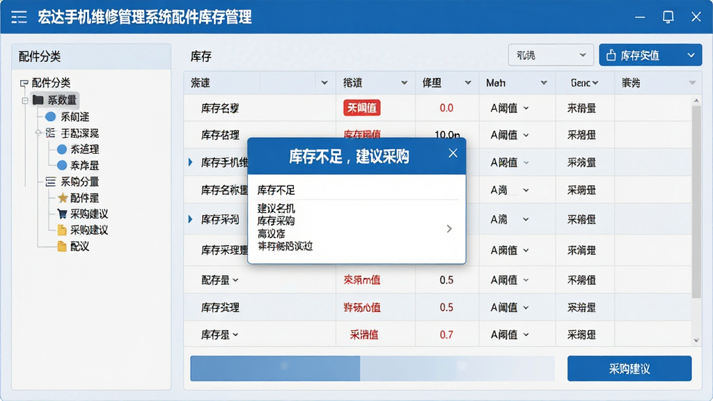 主体:宏达手机维修管理系统配件库存管理界面,屏幕上有库存列表和预警弹窗。布局:左侧为配件分类树,右侧为库存明细表格,底部为采购建议按钮。排版:表格行紧凑,预警弹窗居中显示。风格:简约商务,蓝色调。细节:库存数量低于阈值时数字标红,弹窗提示“库存不足,建议采购”并列出配件名称。画质:高清,干净,无多余元素。