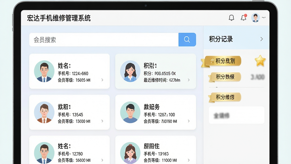 主体:宏达手机维修管理系统客户管理页面,屏幕显示会员信息卡片和消费记录。布局:上方为会员搜索框,下方为会员卡片列表,右侧为积分规则侧边栏。排版:卡片式布局,头像与信息并排。风格:清新柔和,浅色调。细节:会员卡片包含姓名、手机号、会员等级、积分、最近维修时间,积分规则有金色标签。画质:高清,干净,无多余元素。