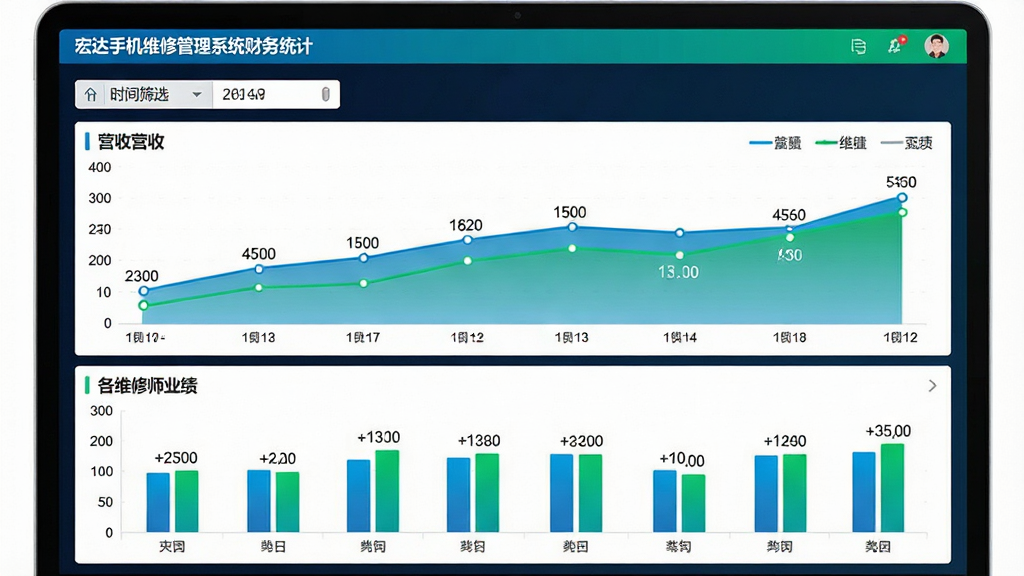 主体:宏达手机维修管理系统财务统计界面,屏幕显示营收趋势图和业绩排行。布局:上方为时间筛选器,中间为折线图,下方为柱状图对比。排版:图表占比均衡,颜色鲜艳。风格:专业数据可视化,蓝绿色调。细节:折线图展示每日营收,柱状图展示各维修师业绩,数据标签清晰。画质:高清,干净,无多余元素。