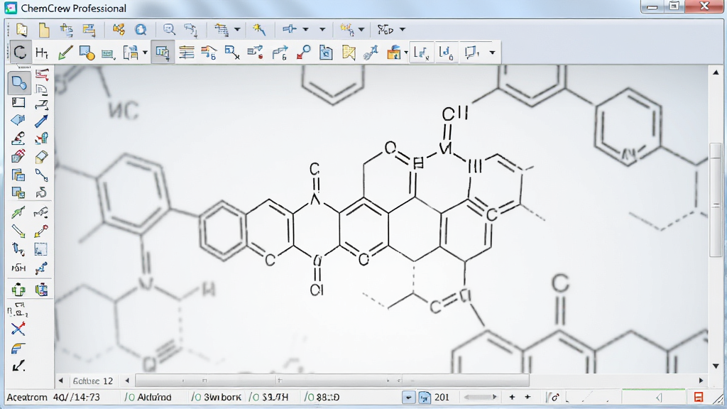 ChemDraw Professional 操作界面与工具栏特写,画面显示一个正在编辑的化学结构,周围环绕各种绘图工具图标,底部有状态栏显示原子计数,整体明亮清晰,布局合理,画质细腻,干净无多余元素