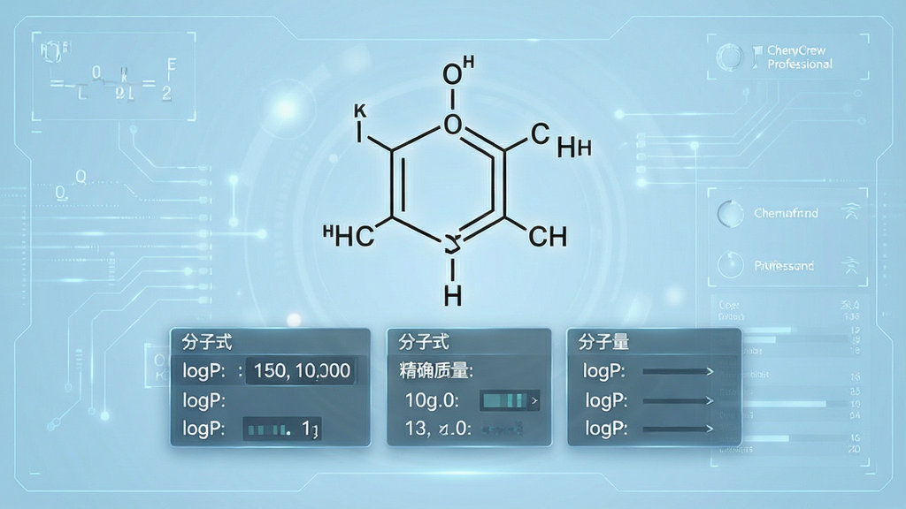 ChemDraw Professional 分子属性预测功能展示图,画面中央为一个苯环衍生物的结构式,其下方浮动显示分子式、分子量、logP 等数据面板,背景为淡蓝色科技感界面,布局清晰,文字标签如