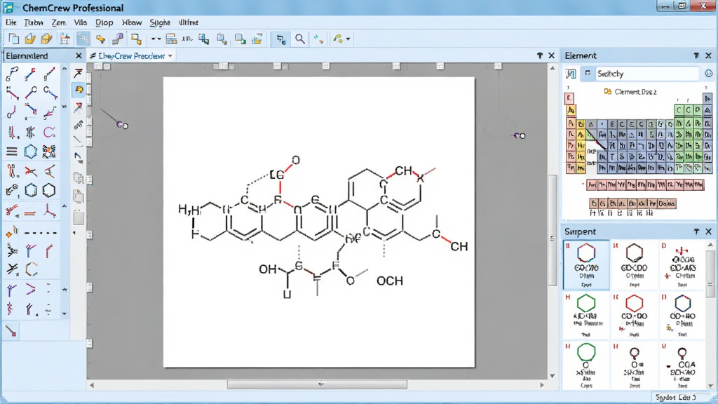 ChemDraw Professional 软件主界面预览图,左侧工具栏包含化学键、环、原子等绘图工具,中央为白色画布显示一个复杂的有机分子结构,右侧为元素周期表与常用模板面板,整体界面简洁专业,配色以浅蓝与白色为主,高清画质,干净无多余元素