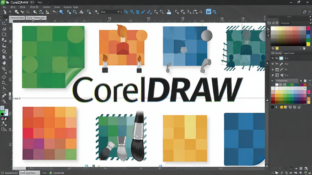 主体为CorelDRAW软件启动界面或设计工作台,中央显示软件名称“CorelDRAW”,背景融合矢量图形、色彩色块和画笔工具,布局整洁,排版以居中对称为主,风格现代科技感,细节包括界面图标、图层面板和颜色条,画质高清,干净无多余元素