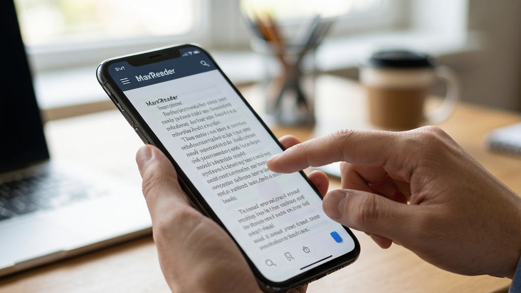 MaxReader 移动端使用场景图,手机屏幕显示文档阅读界面,手指轻触屏幕,背景为模糊的办公桌,自然光线,风格写实,画质高清