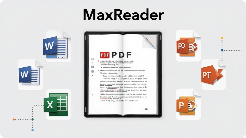 MaxReader 功能展示图,画面中央是一个打开的 PDF 文档,周围环绕着 Word、Excel、PPT 等文件图标,表示支持多种格式,背景为浅灰色,风格简洁明快,画质清晰