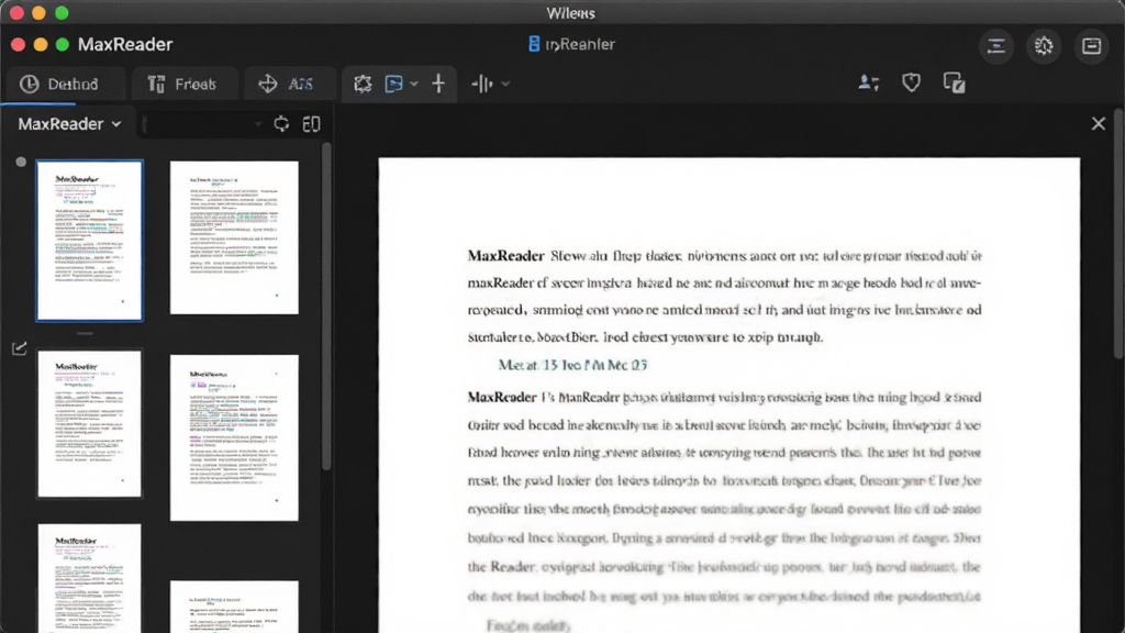 MaxReader 软件主界面预览图,深色主题下展示多标签页文档,左侧缩略图栏,右侧阅读区,顶部工具栏,整体布局简洁现代,高分辨率,干净无多余元素