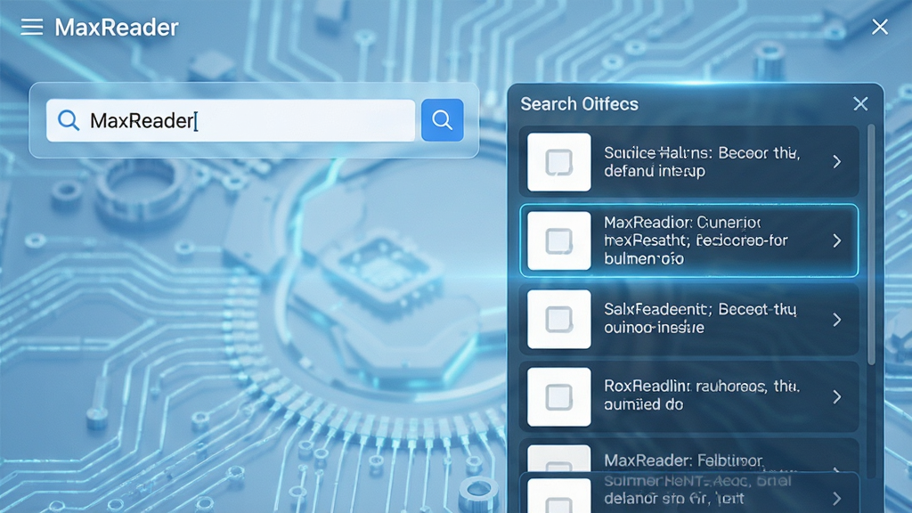 MaxReader 功能界面截图,展示其搜索功能,搜索框输入关键词后,右侧列表显示搜索结果并高亮,背景为淡蓝色科技感设计,画质高清