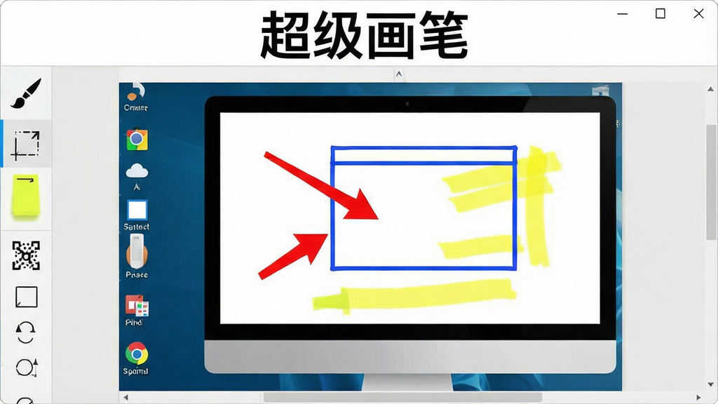 一张展示超级画笔软件主界面的高清截图,界面左侧为竖向工具栏,包含画笔、形状、高亮、马赛克等工具图标,中央为一块正在被标注的电脑桌面画布,画布上有红色箭头、蓝色矩形框和黄色荧光笔痕迹,整体风格简洁明亮,布局清晰,软件名称“超级画笔”以醒目标题显示在界面顶部,画质干净,无多余元素