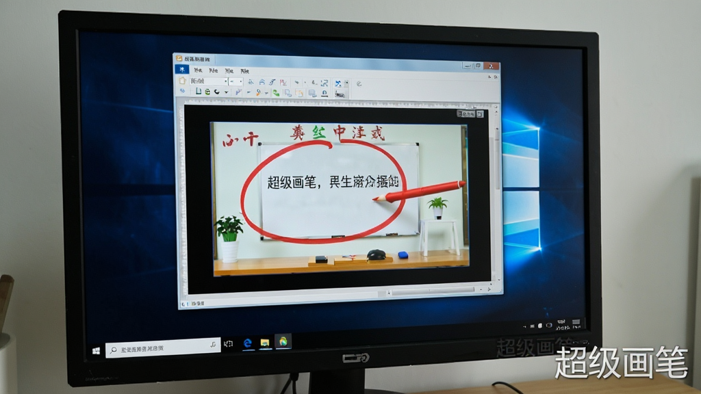 一张展示超级画笔在Windows电脑上使用的实拍图片,屏幕中显示软件正在对一段教学视频进行标注,画笔为红色,正在圈画重点内容,屏幕下方有任务栏,软件窗口半透明悬浮,整体风格简洁,画质清晰,软件名称“超级画笔”以水印形式呈现,无多余元素