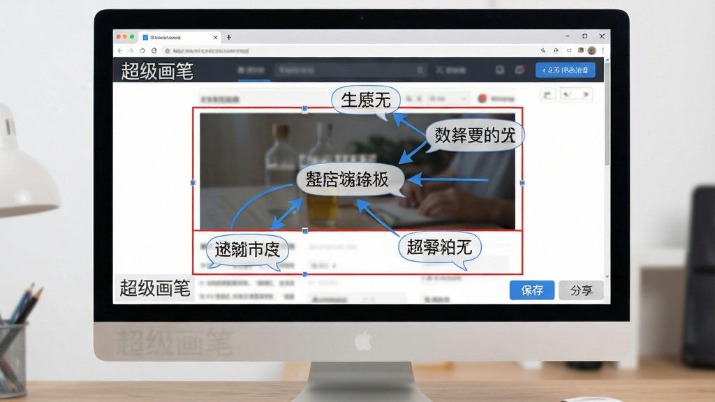 一张展示超级画笔截图标注流程的场景图,电脑屏幕上显示一张网页截图,截图上覆盖着红色矩形框、蓝色箭头和文本注释气泡,屏幕右下角有保存和分享按钮,整体布局清晰,操作指引明确,软件名称“超级画笔”以水印形式出现在截图角落,画质干净,无多余元素
