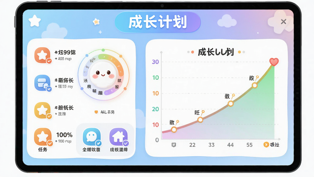 主体:小萌宝软件的成长计划界面,显示一个可爱的卡通进度环和多个任务图标。布局:左侧是任务列表,右侧是成长曲线图,上方有“成长计划”标题。排版:信息层级分明,图表清晰。风格:扁平化设计,搭配柔和的渐变色彩,适合儿童审美。画质:高清,细节丰富,无多余元素。