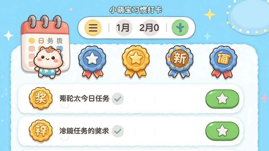 主体:小萌宝的习惯打卡界面,展示一个卡通日历和多个任务勋章。布局:上方是日期选择器,下方是今日任务列表,每个任务旁有打卡按钮。排版:简洁明了,奖励图标突出。风格:清新卡通风格,色彩鲜艳但不过分刺眼。画质:细腻,干净无杂乱元素。