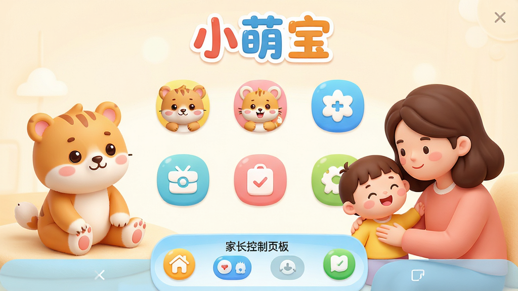 主体:小萌宝软件主界面,展示可爱的卡通小动物角色和父母与孩子互动的温馨场景。布局:界面中央是主要功能图标排列,上方有软件名称“小萌宝”字样,下方有家长控制面板。排版:清晰的功能分区,图标间距均匀,色彩明快。风格:卡通插画风格,色彩柔和温暖,细节圆润。画质:高清渲染,干净无多余元素。