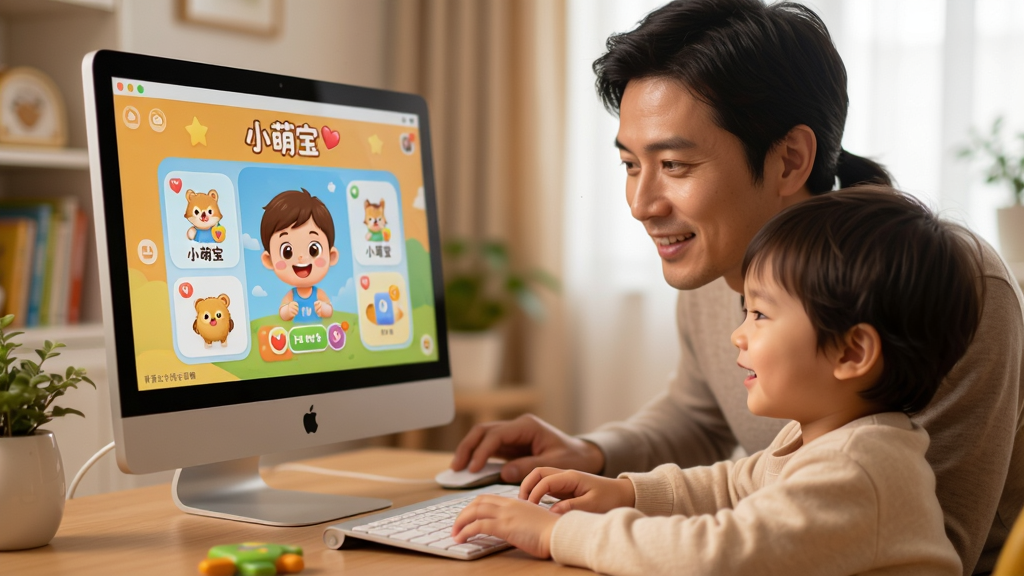 主体:家长正在电脑上使用小萌宝软件,孩子在一旁开心观看。布局:电脑屏幕占据画面中心,显示小萌宝界面,旁边有家长和孩子。排版:自然和谐,突出亲子互动场景。风格:写实与卡通结合,色彩温馨。画质:高清,细节生动,无多余元素。