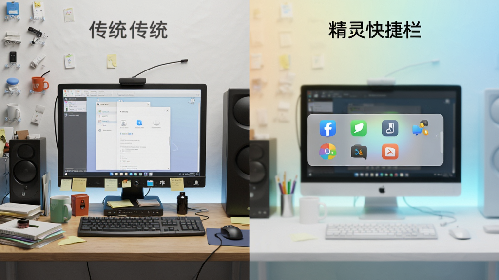 一幅对比示意图的高清渲染图,左侧为传统杂乱无章的电脑桌面,右侧为使用