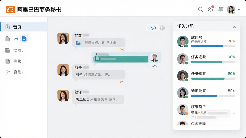 画面展示“阿里巴巴商务秘书”的团队协作界面,中央为群组对话气泡,右侧弹出任务分配面板,显示成员头像与任务进度条。布局采用典型的三栏式工作台设计,背景为白色与浅灰搭配。风格偏向扁平化商务插画感,细节包含文件传输图标与已读未读状态标记,画质锐利,整体干净整洁,无多余背景元素。