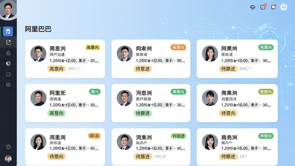 图片主体为“阿里巴巴商务秘书”软件的客户管理功能界面,采用卡片式布局展示多个客户头像、名称及最近沟通摘要。背景为淡蓝色科技感渐变,排版以网格形式均匀分布,风格清爽商务。细节强调客户状态标签(如“高意向”、“待跟进”)的彩色标识,整体画质清晰明亮,风格统一,无多余装饰元素。