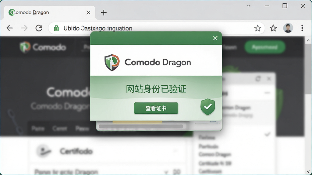 主体:Comodo Dragon浏览器地址栏前弹出一个绿色安全认证弹窗,显示“网站身份已验证”。布局:弹窗位于浏览器窗口中央偏上,背景为模糊的网页内容。排版:弹窗上有一个盾牌图标与“Comodo Dragon”字样,下方有“查看证书”按钮。风格:扁平化结合微拟物,绿色与白色为主色调。细节:证书信息列表清晰排列,弹窗阴影柔和。画质:高清,干净无多余元素。