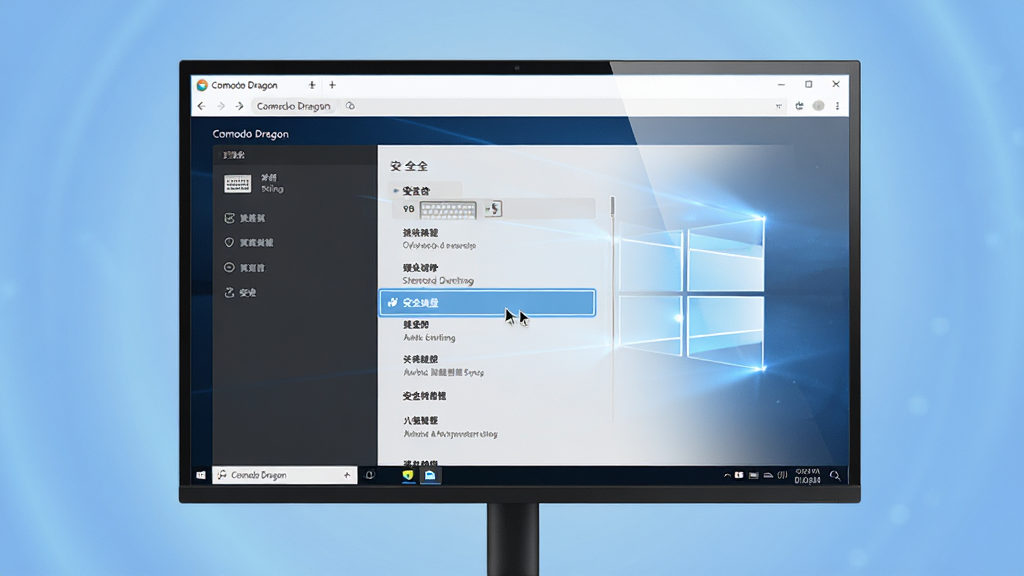 主体:Comodo Dragon浏览器运行在Windows电脑上,屏幕上显示设置界面,其中“安全”选项高亮。布局:电脑屏幕位于画面中央,周围有柔和的蓝色渐变背景。排版:设置界面选项清晰,鼠标光标指向“安全键盘”。风格:写实,科技感,整体色调清爽。细节:屏幕反光自然,键盘图标清晰。画质:高清,干净无多余元素。