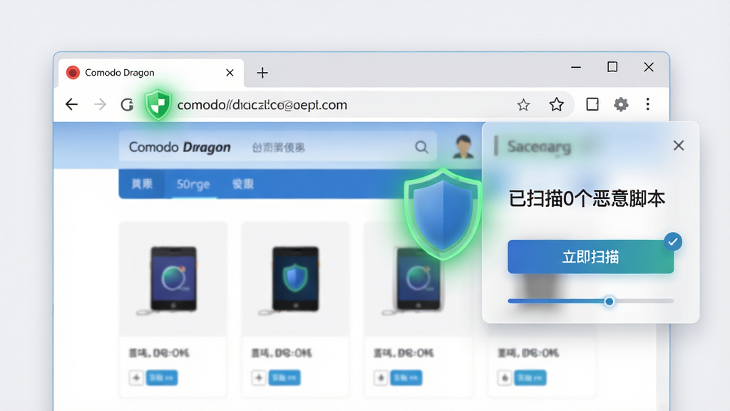 主体:Comodo Dragon浏览器界面,地址栏旁有绿色盾牌图标,网页内容为在线购物页面。布局:浏览器窗口占据画面中央,右侧悬浮一个半透明的安全扫描面板。排版:扫描面板显示“已扫描0个恶意脚本”,并有一个“立即扫描”按钮。风格:现代简约,浅色背景搭配蓝色和绿色点缀。细节:盾牌图标发光,扫描面板有细微的进度条动画。画质:高清,干净无多余元素。