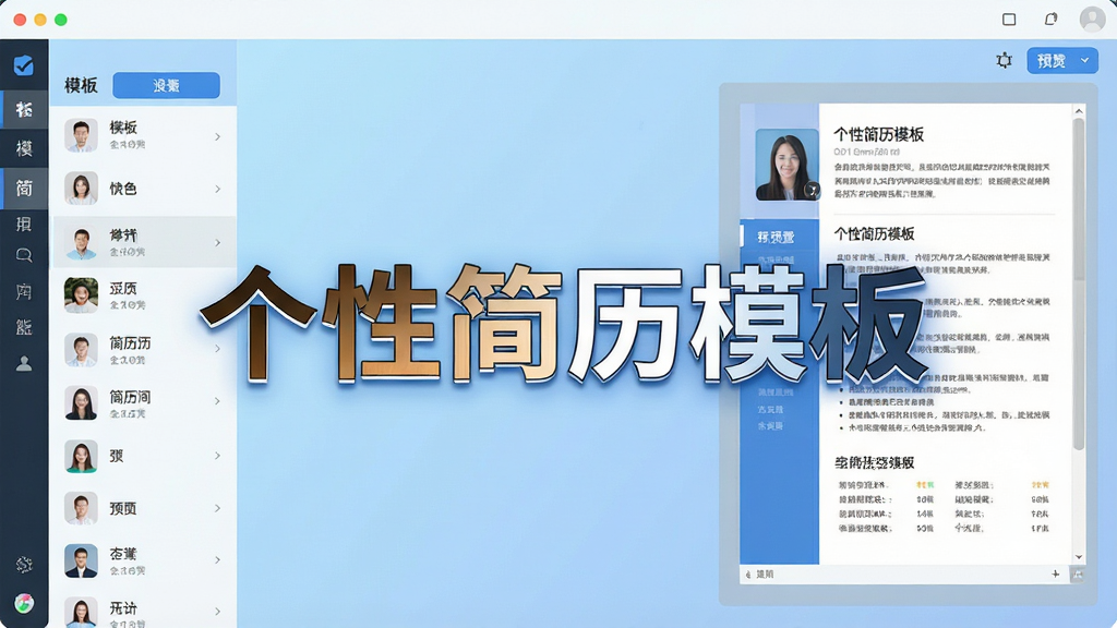 一张展示个性简历模板软件主界面的高清图片,画面中央是软件名称“个性简历模板”的醒目Logo,背景为淡蓝色渐变,界面左侧是模板分类列表,右侧为简历预览区域,整体风格简洁现代,细节丰富,画质干净,无多余元素。