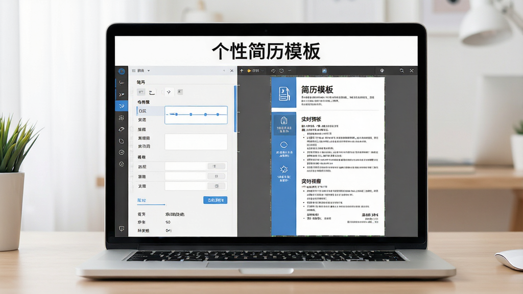 展示个性简历模板软件编辑界面的图片,画面中一台笔记本电脑打开编辑页面,左侧是表单填写区域,右侧是实时预览的简历效果,页面顶部有“个性简历模板”标题,整体风格清爽,细节丰富,画质干净,无多余元素。
