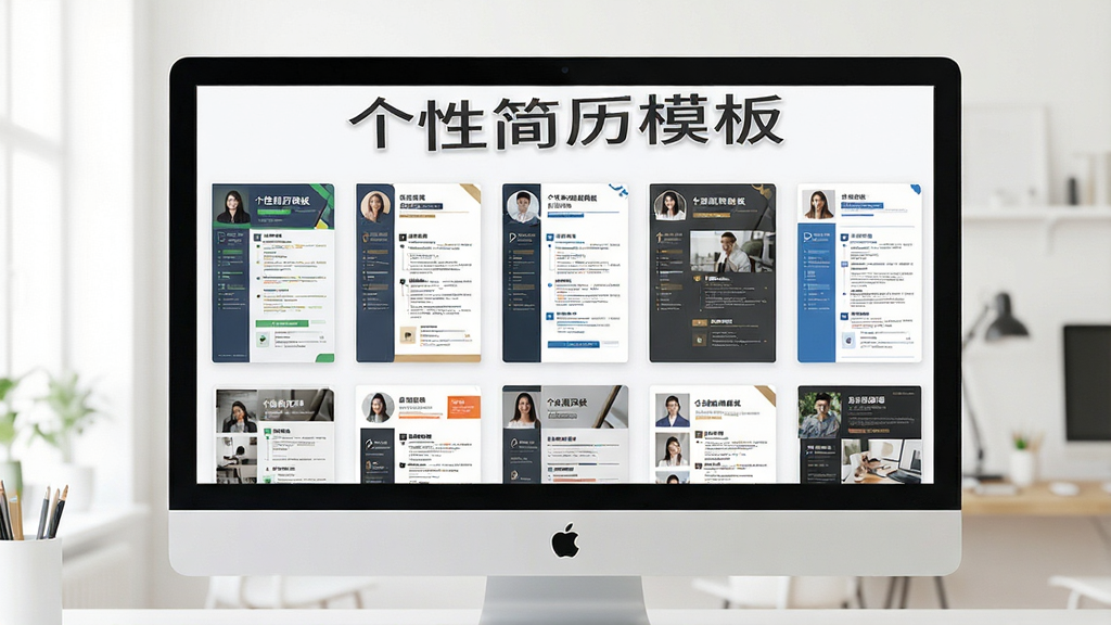 展示个性简历模板软件模板库界面的图片,画面主体为电脑屏幕上的模板缩略图网格,每个模板封面显示不同风格的简历设计,屏幕上方有“个性简历模板”字样,整体色调明亮,布局整齐,画质清晰,无多余元素。
