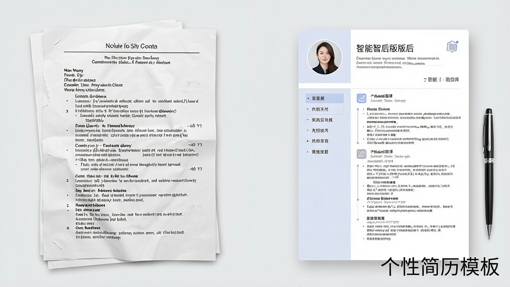 展示个性简历模板智能排版功能效果的图片,画面为对比图,左侧是杂乱无章的简历初稿,右侧是经过智能排版后的精美简历,右下角有“个性简历模板”水印,风格简洁明了,画质清晰,无多余元素。