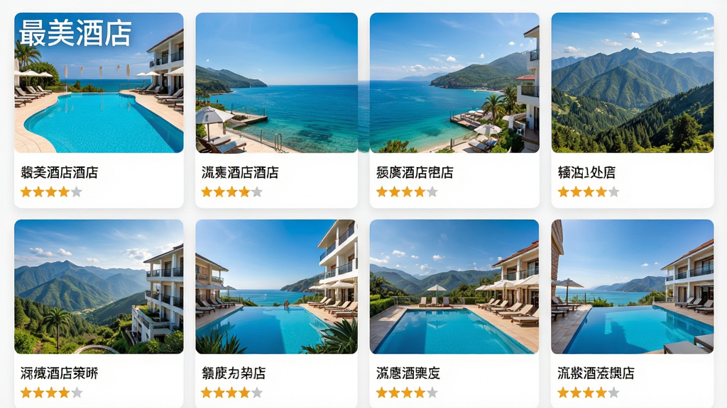 ���壺�����Ƶ�APP�ľƵ��б�ҳ�棬չʾ���žƵ꾫��ͼƬ�����֣�ͼƬ��������ʽ���У�ÿ��ͼƬ�·���ע�Ƶ����ƺ����֡��Ű棺������ˬ����Ϣ�㼶���������������־�磬ɫ��������ϸ�ڣ�ͼƬ����Ӿ�ء�������ɽ���Ȳ�ͬ���������Ͻ��С������Ƶꡱˮӡ�����ʣ��߷ֱ��ʣ��ɾ����޶���Ԫ�ء�