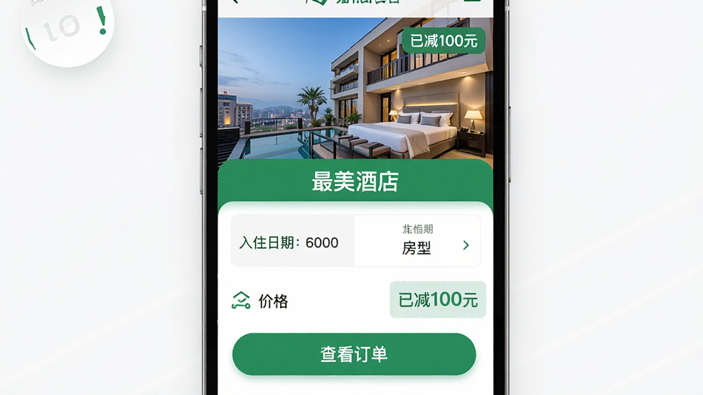 ���壺�����Ƶ�APP��Ԥ���ɹ�ҳ�棬��ʾ����������Ż���Ϣ�����֣��Ϸ�Ϊ�Ƶ�ͼƬ���м�Ϊ��ס���ںͷ��ͣ��·�Ϊ�۸�͡��鿴��������ť���Ű棺��Ϣ��������ť��Ŀ����������࣬��ɫ��׺��ϸ�ڣ���ʾ���Ѽ�100Ԫ����ǩ���С������Ƶꡱ���������ʣ����壬�ɾ����޶���Ԫ�ء�