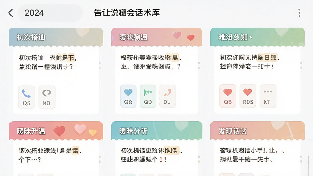 一张展示恋爱超会说聊天输入法话术库界面的截图,屏幕中显示分类列表,如“初次搭讪”“暧昧升温”等,每个分类下方有示例话术预览,界面采用卡片式布局,色彩清新,背景为纯白色,画质干净,无多余元素