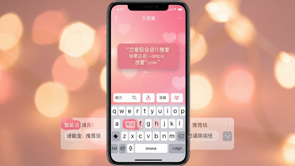 一张展示恋爱超会说聊天输入法主界面的高清手机截图,界面以粉色渐变为主色调,底部键盘区有智能话术推荐卡片,键盘上方悬浮显示当前推荐的恋爱金句,背景为温馨浪漫的模糊光斑,整体风格明亮柔和,画质清晰干净,无多余元素
