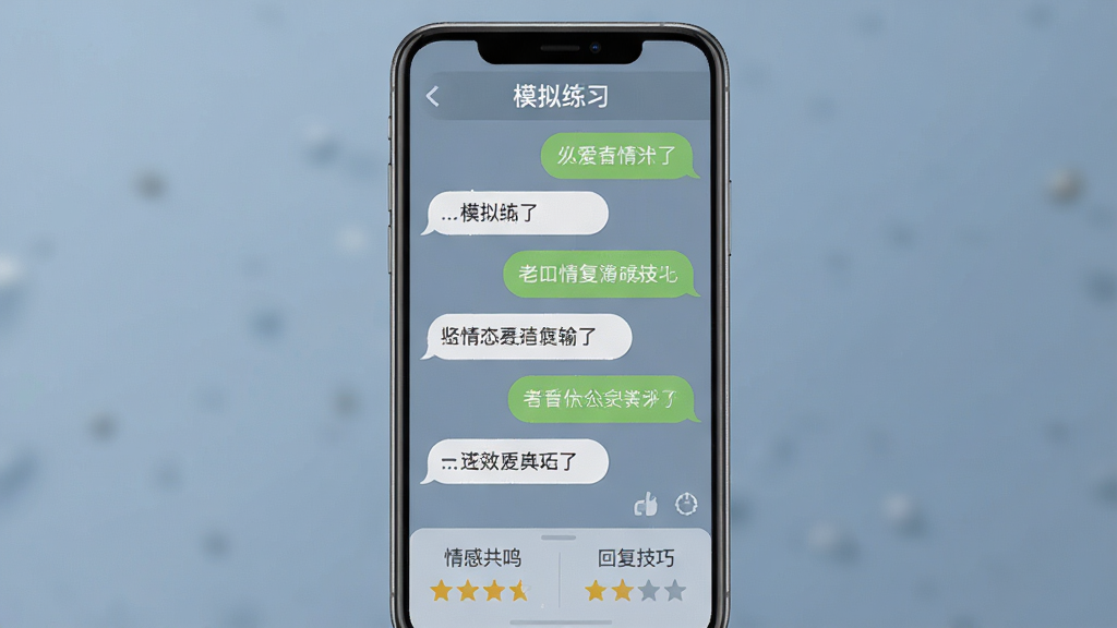 一张展示恋爱超会说聊天输入法情景模拟功能的截图,屏幕中显示模拟对话界面,上方有“模拟练习”标识,对话气泡你来我往,底部显示评分结果,包括“情感共鸣”和“回复技巧”的星级评分,背景为柔和的蓝灰色,画质清晰,无多余元素