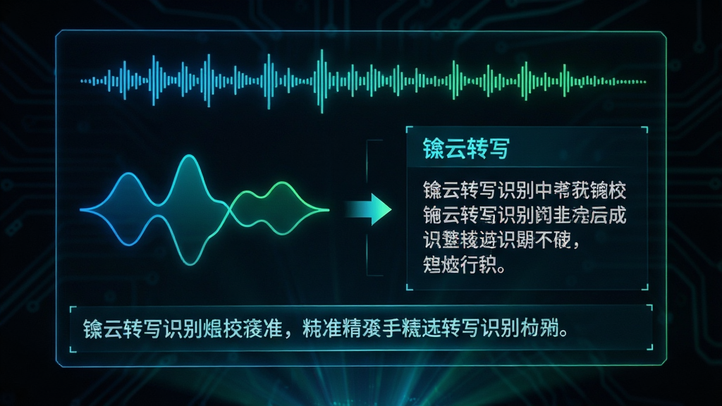 主体:一块全息投影屏幕展示鼐云转写识别过程,上方为音频波形动态条,下方对应滚动出现的精准中文文字。布局:波形在左,文字在右,中间有箭头连接。排版:左右分栏,信息直观。风格:科技感,深色背景配霓虹蓝绿光效。细节:文字清晰,标注