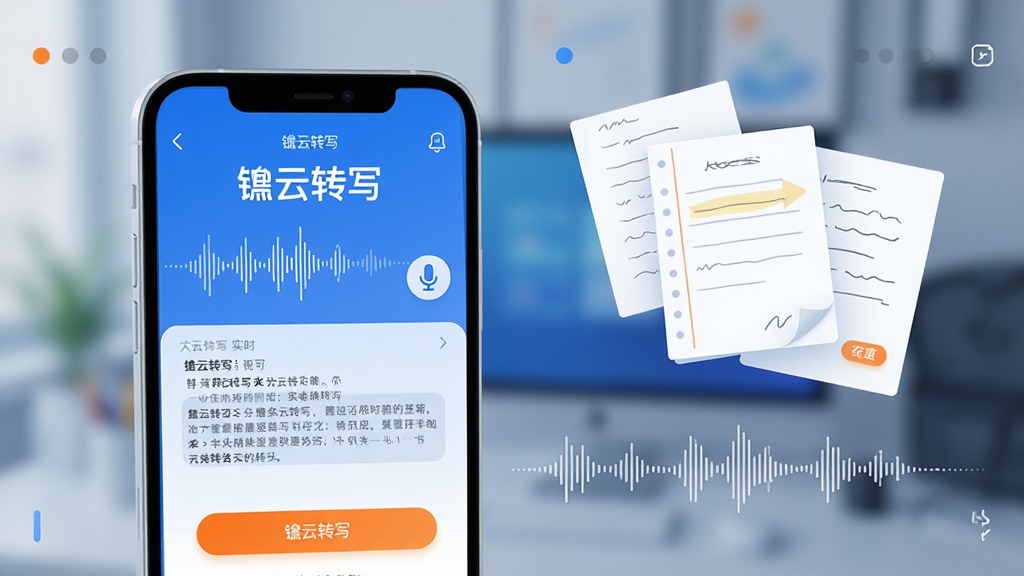 主体:一款智能手机界面展示鼐云转写应用,屏幕中央显示语音波形与实时转写的文字段落,旁边有麦克风图标。布局:手机居中偏左,右侧漂浮着几页带有文字线条的笔记纸,下方有简洁的音频波形图。排版:主体突出,背景虚化,层次分明。风格:现代科技感,扁平化设计,色彩以蓝白为主,辅以橙色高亮按钮。细节:屏幕文字清晰可辨,