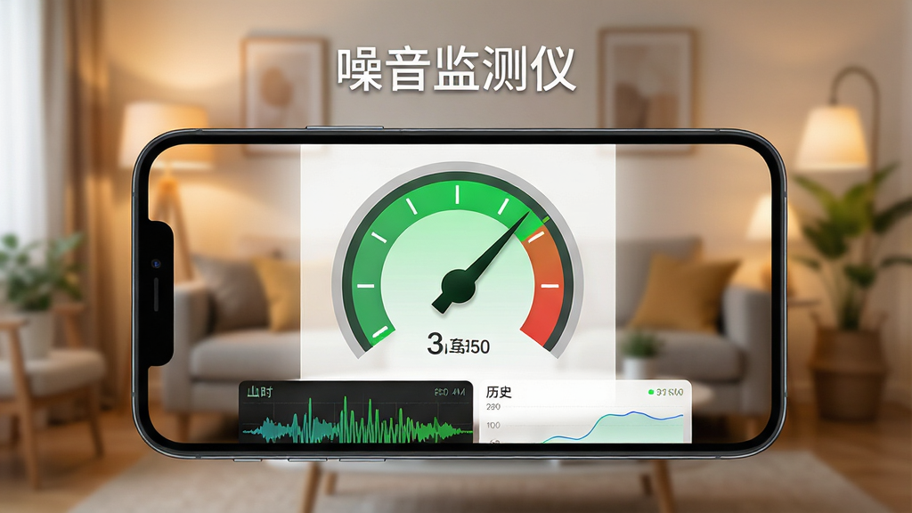 一幅现代简约风格的数字产品展示图,主体为一部智能手机横屏显示噪音监测仪软件界面,屏幕上有一个大尺寸的圆形分贝仪表盘,指针指向绿色区域,界面下方有实时波形图与历史曲线,背景为模糊的居家客厅环境,暖色调灯光,画面干净清爽,突出软件的易用性与专业感,文字标签为“噪音监测仪”,整体排版居中,高清画质,无多余元素