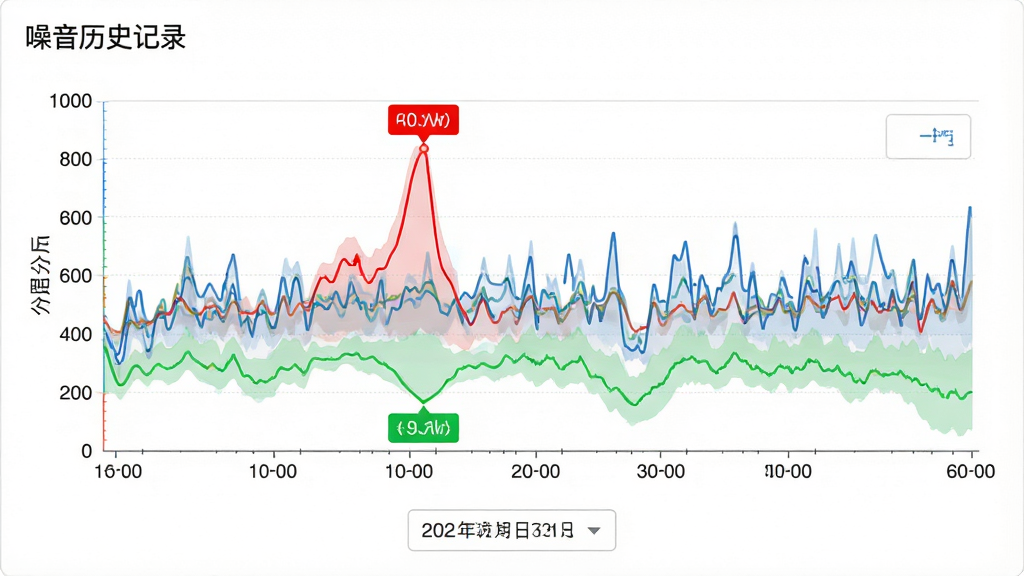 噪音监测仪软件的数据分析界面,主体为折线统计图,横轴为时间,纵轴为分贝值,曲线有起伏,最高点标注红色,最低点标注绿色,图表下方有日期选择按钮,背景为纯白色,界面设计扁平化,色彩搭配专业,文字标签为“噪音历史记录”,整体布局清晰,高清,无多余元素