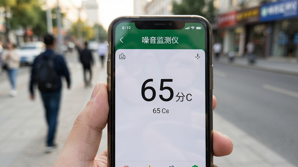 噪音监测仪软件在手机上运行的实拍图,主体为手机屏幕显示测量界面,数值为65分贝,界面清晰,背景为户外街道,有行人模糊身影,光线自然,画面真实,文字标签为“噪音监测仪”,整体构图和谐,高清,无多余元素