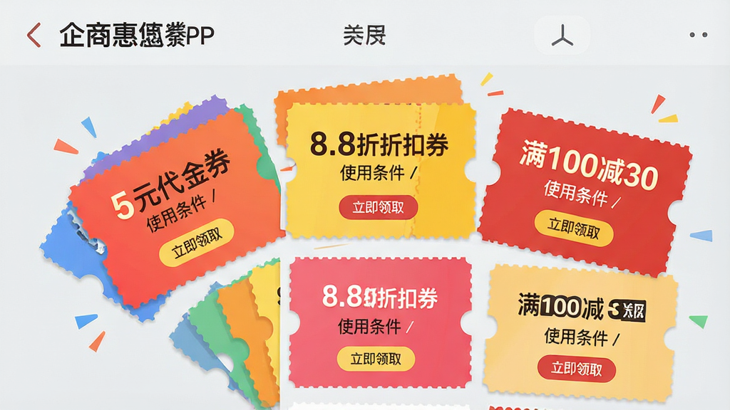 企商惠APP的“优惠券包”功能界面,主体是色彩鲜艳的优惠券卡片陈列,包含“5元代金券”、“8.8折折扣券”、“满100减30”等样式,卡片呈扇形或网格状排列,布局活泼,风格扁平化设计,背景为浅灰色,突出券面金额与使用条件的文字,细节有“立即领取”按钮,画质高,干净无多余元素
