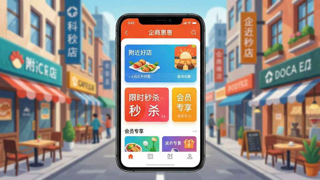 一幅充满活力的现代都市生活场景插画,主体是手机屏幕放大的企商惠APP界面,界面上清晰展示着“附近好店”、“限时秒杀”、“会员专享”等彩色功能卡片,背景虚化处理了繁华的商业街与餐厅、咖啡馆等店铺门面,整体布局以APP界面为中心向四周辐射,排版干净整洁,风格明亮写实,细节丰富,画质高清,干净无多余元素