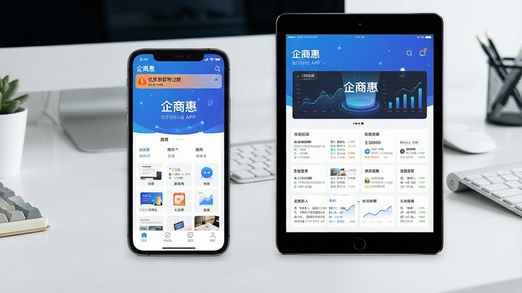 一张展示企商惠APP在手机与平板电脑上同时运行的场景图,主体是两部设备并排放置,屏幕中均显示企商惠的首页界面,布局强调跨屏数据同步,风格强调科技感与便捷性,背景为简洁的办公桌面,细节有手机通知栏显示“优惠券即将过期”提醒,画质清晰,干净无多余元素