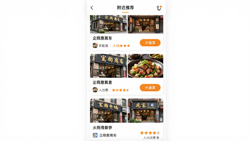 企商惠APP的“附近推荐”功能界面设计图,主体是纵向排列的商家信息卡片列表,每张卡片包含店铺实拍图、店名、距离、人均消费及星级评分,布局采用瀑布流形式,风格简洁现代,界面以白色为底色,配以橙色高亮按钮,细节展示商家招牌菜图片,画质清晰,干净无多余元素