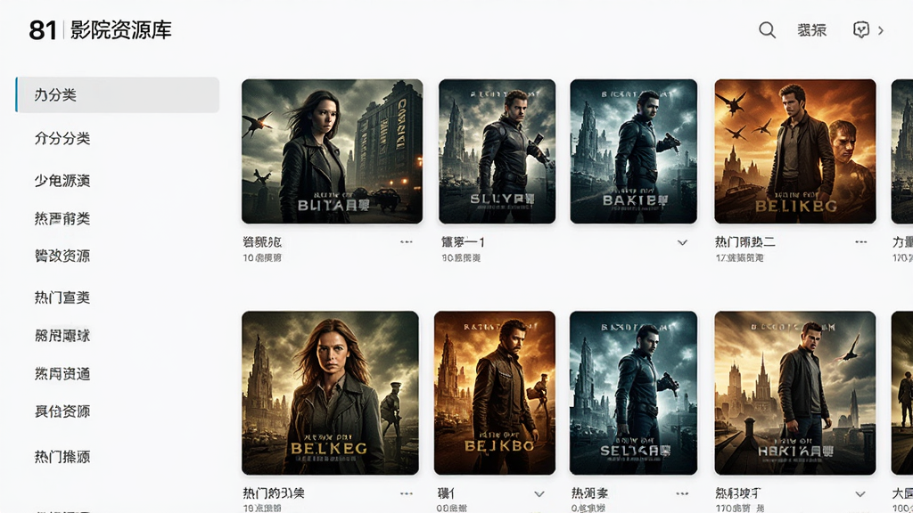 81影院资源库界面,展示分类列表和热门影片缩略图,布局整齐,风格现代,画质高清,干净无多余元素